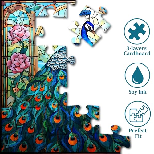 Stained Glass Peacock Puzzles for Adults 1000 Pieces, Vintage Bird Art Puzzle, Impossible Hard Challenging Jigsaw Puzzles for Adults, Colorful Peacock Garden Puzzle as Home Wall Decor - style: Z-398-Stained Glass Peacock
