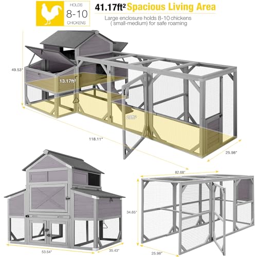 Aivituvin Large Chicken Coop 118" L Hen House Duck Cage for 8-10 Chickens 41.3 ft² with Spacious Run, 6 Nesting Box, 6 Raised Perches - size: 118.1"L x 53.5"W x 49.5"H