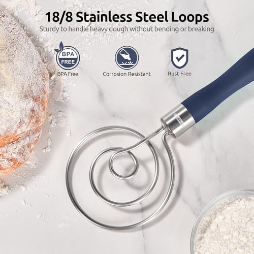 U-Taste 600ºF Heat Resistant 13.6in Long Solid & Slotted Silicone Turner and 12.6in Stainless Steel Danish Dough Whisk (Midnight Blue)