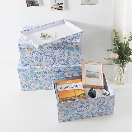 Soul & Lane - Sky Meadow Decorative Storage Boxes with Lids, Set of 3 | Floral Paperboard Nesting Containers for Keepsakes, Memories and Photos, Large Gift Set Boxes for Presents and Decor - color: Sky Meadow