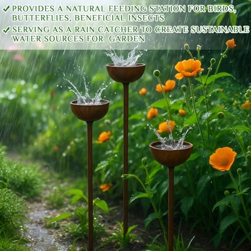 3 Pcs Vintage Metal Bird Bath Stakes for Garden, Decorative Outdoor Bird Bath Bowl Set, Rustic Rain Catcher Garden Art for Birds Butterflies Patio Lawn Flower Bed Decor (1-Tiered) - style: 1-tiered