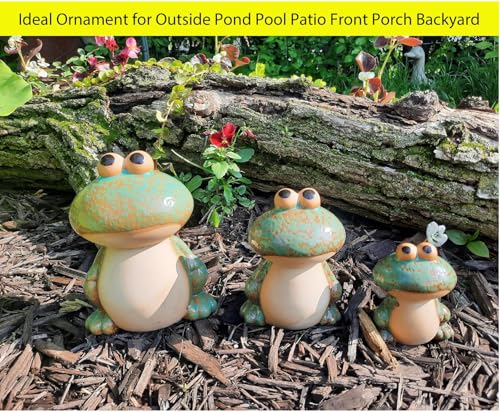 Ceramic Frog Garden Decor Set of 3 - Funny Cute Frog Lawn Ornaments, Outdoor Pond Patio Statues for Yard, Front Porch, Backyard Decor (Dad, Mom & Baby Frogs)
