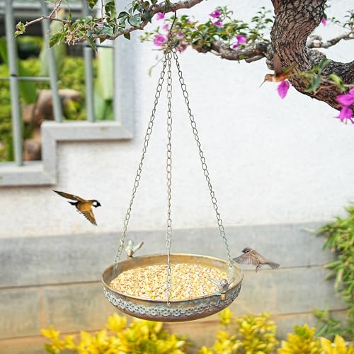 Metal Hanging Bird Bath, Hanging Bird Baths for Outdoors | Birdbath Hanging for Outside Bird Feeder Seed Tray Garden Yard Decor - color: gold-E