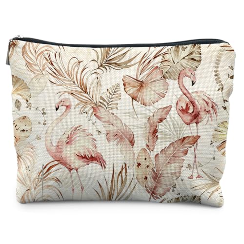 Boho Tropical Flamingo Beach Canvas Makeup Bag Gifts for Women | Flamingo Lover Gifts, Neutral Bird Palm Leaves Canvas Cosmetic Bag Beach Bags Travel Toiletry Zipper Pouch Storage Organizer - color: Flamingo