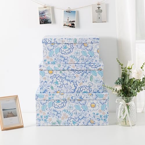 Soul & Lane - Sky Meadow Decorative Storage Boxes with Lids, Set of 3 | Floral Paperboard Nesting Containers for Keepsakes, Memories and Photos, Large Gift Set Boxes for Presents and Decor - color: Sky Meadow