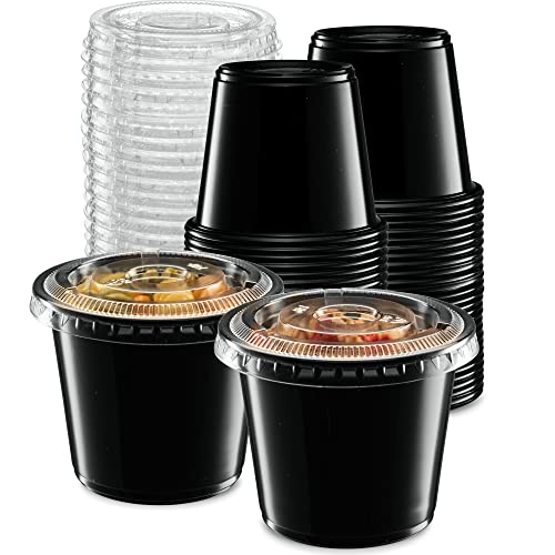 (5 oz - 100 Sets) Black Diposable Plastic Portion Cups With Lids, Small Mini Containers For Portion Controll, Jello Shots, Meal Prep, Sauce Cups, Slime, Condiments, Medicine, Disposable Souffle Cups - color: Black, size: 5 Ounce