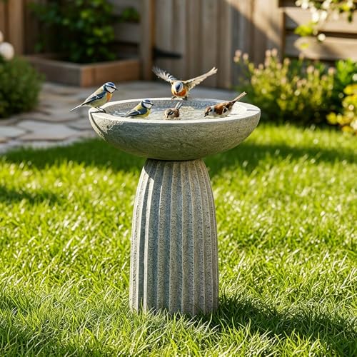 SKYFIRE 24.4" Pedestal Bird Bath for Outdoor, Geometric Fluted Concrete Birdbath with Tree Trunk Decor, Durable Fibre Reinforced Birdbath for Garden, Patio, Lawn & Backyard - color: Concrete Gray