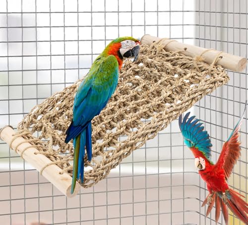 Bird Seagrass Mat Cage Ladder Perch Natural Chewing Toy | Parrot Ladder Bridge Exercise Stands, Hand-Woven Net Hammock, Cage Accessories for Lovebird Budgie Parakeet