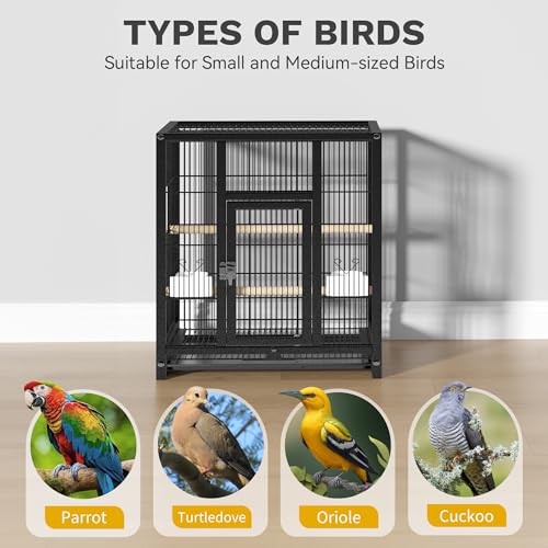 DWVO 41-inch Metal Bird Cage | Large Parrot Cages with Rolling Stand - Features Tray, Food Boxes & Wooden Perches - color: Black, size: 19.0"L x 18.1"W x 40.5"H