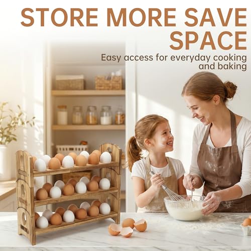 Wooden Egg Holder, 3 Tier 36 Egg Capacity, Farmhouse Egg Holder for Countertop, Stackable Egg Storage Rack for Fresh Eggs, Rustic Wooden Egg Organizer with Handles for Kitchen Counter