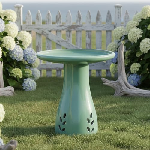Sunnydaze Hand-Painted Ceramic Outdoor Bird Bath for Garden, 21” H, Seafoam | UV & Frost-Resistant Mineral Glazed Finish, 1 Gal Water Cap, Easy Assembly, Pedestal Bird Bath for Outside, Ceramic Birdbath
