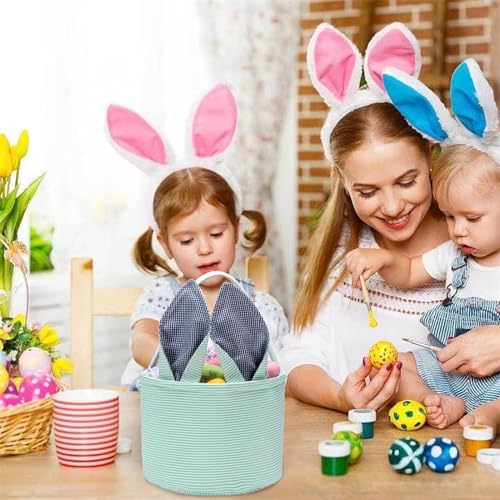 Easter Basket Easter Egg Hunting Basket Easter Bunny Basket Candy Egg Basket Gift Buckets Seersucker Egg Basket Bags for,Personalized Bags - color: B-Mint