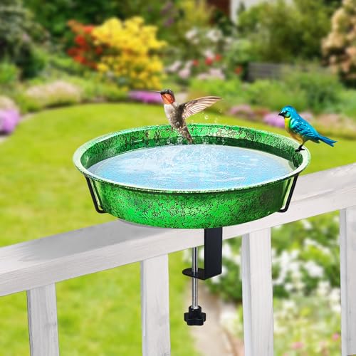 Metal Deck Bird Bath for Balcony Railing, Metallic Green & Blue 11.5” Bathing Bowl & Feeder with Adjustable Steel Clamp Outdoor Garden Decor Yard Art (0.7 Gallon) - color: Metallic Green/Blue