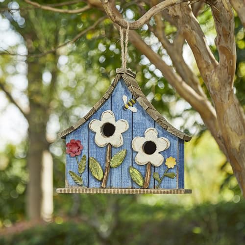 Glitzhome Bird Houses for Outside, 10.75"L Distressed Hanging Birdhouse with 3D Flowers Rustic Hand-Painted Garden Wooden Bird Houses for Outdoors Bird Box for Bluebird,Hummingbird,Sparrow,Wren Finch - color: 10.75"L 3D Flowers Washed Blue