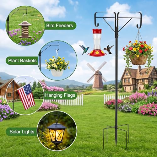 Frcctre Adjustable Double Shepherds Hooks for Outdoor, 61 Inch Tall Bird Feeder Pole with 5 Prongs Base, Heavy Duty Garden Hanger Stand for Hanging Flower Basket, Lantern, Bird Nests