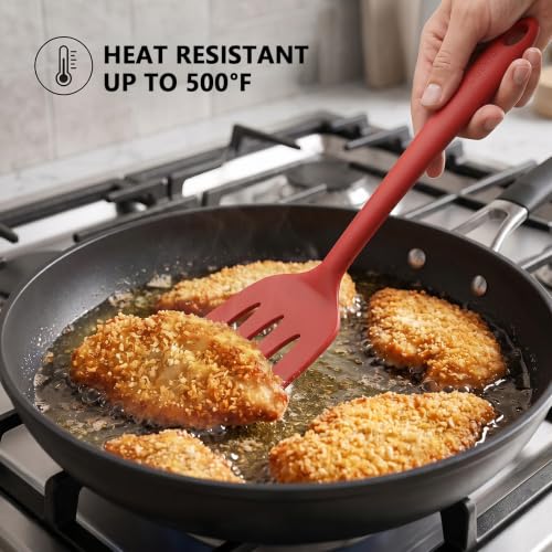 Coukre 3 Pack Silicone Spatula Set, Heat Resistant to 500°F, BPA-Free | Fish Spatula, Solid & Slotted Turners, Dishwasher Safe, Spatula Set for Eggs, Pancakes, Fish & Burgers, PureRed - color: PureRed
