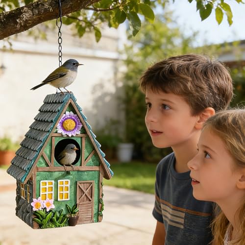 DEWEL Waterproof Bird Houses for Outside, Decorative Resin Birdhouses for Outdoors Garden Yard Decor, Hanging Bird House with Flower for Bluebird Finch Swallow Chickadee, Nesting Box for Bird Lovers - color: Green