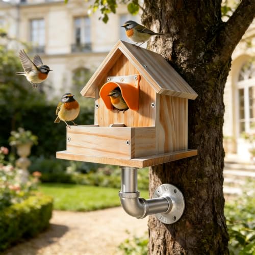 Hanging Bird House with Windproof Holder, Cedar Wooden Bird House for Finch Bluebird Cardinals, Bird Nest Feeder W/Rain Awning Kit for Outdoor Backyard Courtyard Patio Decor (DIY Detachable) - style: Bird House With Holder Set