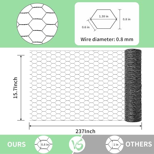Chicken Wire 15.7 in x 237 in Poultry Wire Netting Hexagonal Galvanized Mesh Garden Fence Barrier for Pet Rabbit Chicken Fencing with 100 Pcs Cable Zip Ties(PVC-Coated) - color: Black, size: 15.7"x237"+100Ties