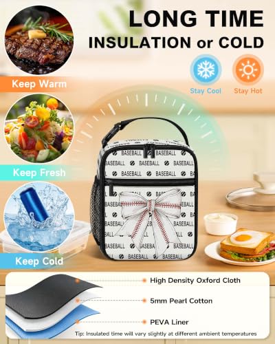 Lunch Box Girls Boys Insulated Lunch Bag for Kids Teen, Baseball Bow | Reusable Lunchbox, Cooler Tote Bag with Cup Holder, Lightweight, High Capacity, Multiple Pockets for School Work Travel - color: Baseball Bow