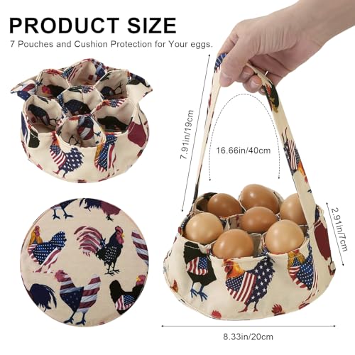 Egg Collecting Basket, Egg Basket for Gathering with 7 Pouches | Canvas Chicken Egg Basket for Chicken, Duck, Goose, Bird, Various Poultry Collection (Flag Chicken) - style: Flag Chicken