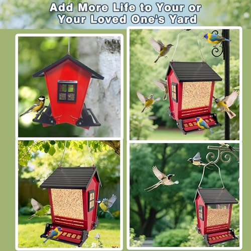 LSCQYYCCSquirrel Proof Bird Feeders for Outdoors Hanging, 5LB Capacity Metal Wild Birdfeeders Outside Hanging,Large Feeder that Attracts Cardinals, Chickadees, and More Birds-One in red ﻿ - color: red