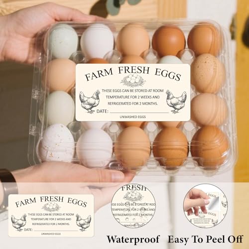 10 Sheets 60Pcs 4 x 2 Inch Farm Fresh Eggs Carton Labels Rectangle Self Adhesive Chicken Egg Stickers with Date Unwashed Packaging Handling Instruction Tags for Farmhouse Market Storage - color: Navajo White