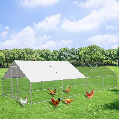 NUGRIART Extra Large Metal Chicken Coop Walk-in Poultry Cage Hen Duck Run House with Waterproof & Anti-UV Cover Galvanized Rabbits Habitat Spire Shaped Cage for Outdoor Yard Farm Use - size: 26.2' L x 9.8' W x 6.56' H
