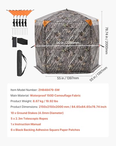 VEVOR Hunting Blind，See Through Ground Blinds with Carrying Bag, 360 Degree Portable Camouflage Tent，Durable Concealed Shelter with Silent Side Door and Window, for Turkey and Deer - size: 6-7 Person (H-79'')