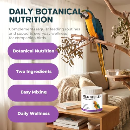 Milk Thistle & Dandelion Root for Birds, Bird Wellness Powder | 800 mg Milk Thistle & 200 mg Dandelion Root per Scoop for Parrots, Pigeons & Pet Birds, 60 g