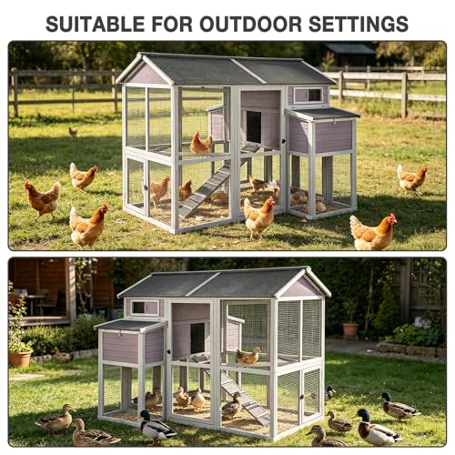 Gutinneen 75.7" Large Chicken Coop for 6-10 Chickens, Wooden Hen House with 2 Large Nesting Boxes, Elevated Sleeping Area, Waterproof Roof, Pull-Out Tray, Outdoor Poultry Cage with Run - size: 75.7"L x 65.7"W x 59.1"H