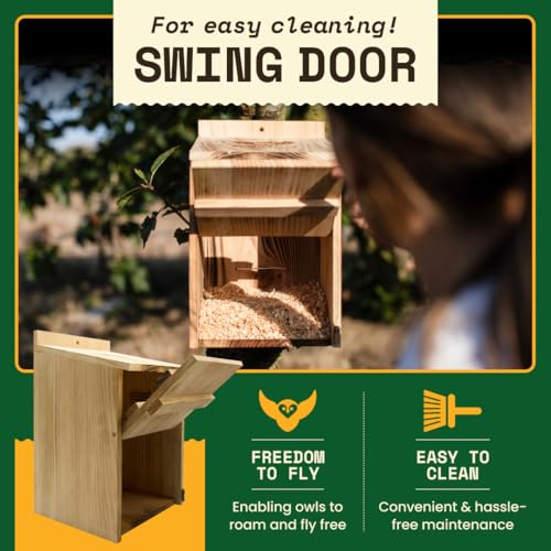 Barn Owl Nesting Box - Large, Cedar, Preassembled, Easy-Hang | Traditional Cedar Wood Owl Box with front-access door for easy cleaning, attracts screech owls and backyard birds.