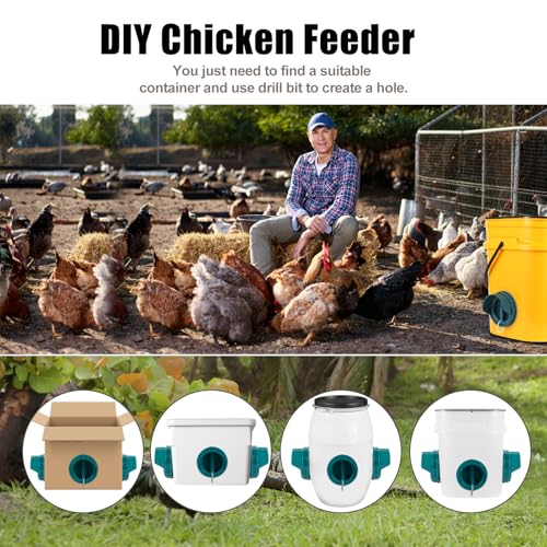 Chicken Feeder No Waste, 6 Ports Automatic Poultry Feeder with Covers & Hole Saw, Rain Proof Chicken Feeder Port for Buckets, Bins & Barrels - color: Green