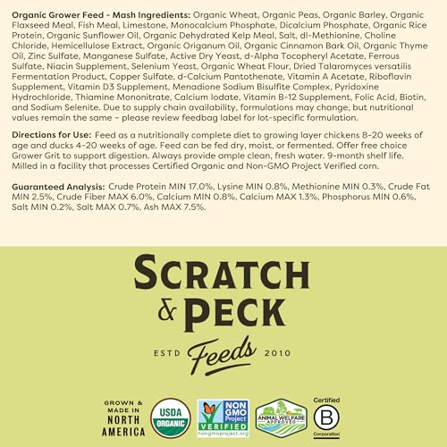 Scratch and Peck Feeds | Grower Mash for Chickens & Ducks | 50 lb Bag | 17% Protein, Corn & Soy Free, Fermentable Whole Grains, Certified Organic & Non-GMO Project Verified, Complete Nutrition - size: 50 Pound (Pack of 1), style: Grower Feed