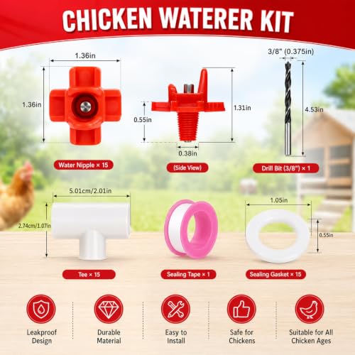 15-Pack Horizontal Chicken Nipples Waterer with 1/2" PVC Tee Fittings, Automatic Poultry Waterer Kit for DIY Chicken Duck Quail Watering System, Side Mount Drinker