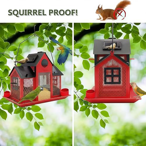 Solar Bird Feeders House for Outside Hanging, Metal Wild Bird Feeder for Outdoors Large Capacity Cardinal Birdfeeder Birdhouses Metal Bird Feeding Station Red - color: red