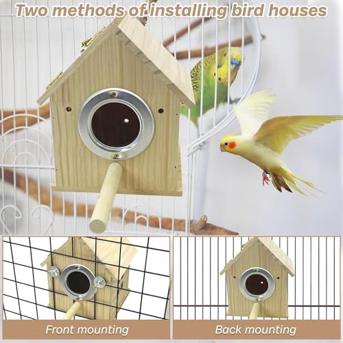 PINVNBY Parakeet Nesting Box Wooden Bird House for Cage Parrot Breeding Mating Box for Lovebirds Cockatiel Finch Cockatoo Canary and Small and Medium-Sized Birds (M: 7.91 * 6.3 * 5.82 inch) - size: Wood House Shape,M: 7.91*6.3*5.82 inch