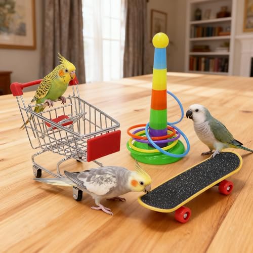 Wontee Bird Toys Mini Shopping Cart Skateboard Ring Toy for Playing and Training of Budgies Cockatiels Caique Quaker Parrot Conures (3 Pack)