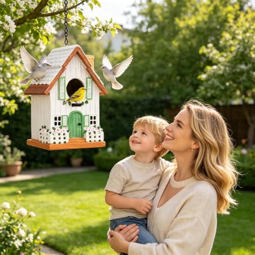 Bird Houses for Outside, Patio, Yard, Porch & Garden Decor, 7.3" | Rustic Cottage Resin Decorative Hanging BirdHouse for Bluebird Finches Cardinals Bird Nesting, Gift for Bird Lover Mom Women - color: White