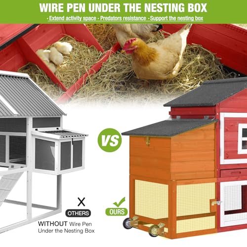 GUTINNEEN Chicken Coop Outdoor with Run Wooden Mobile Hen House with Wheels Poultry Cage with Nesting Box,Leakproof Pull-on Tray