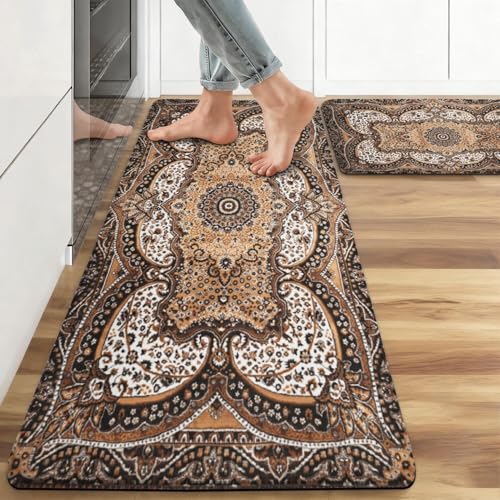 Rustic Farmhouse Kitchen Mat Set 2PCs, 17.3"x47" + 17.3"x29", Brown | Non-Slip, Waterproof, Anti-Fatigue Comfort Floor Rugs for Home Sink & Laundry - color: Brown