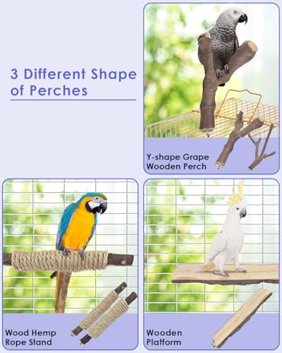 Bissap 5PCS Large Bird Perch Stand, Natural Wood Pole Standing Paw Grinding Fork Parrot Cage Branch with Rope for Macaw African Grey Amazon Pet Medium Large Birds Cage Accessories