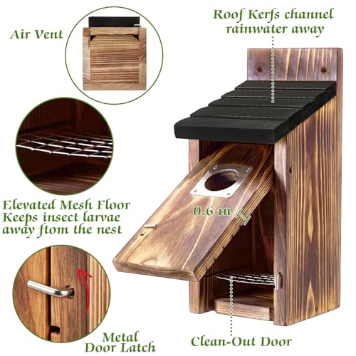 Dreyoo 2 Pack Bluebird Box Houses for Outside,1-1/2'' Entrance Hole Wooden Bird Houses with Metal Guard, Secure Latch,Fledgling Grooves,Air Vents for Bluebird Wren Swallow (Black Roof,Burnt Wood Body) - color: Black Roof,Burnt Wood Body