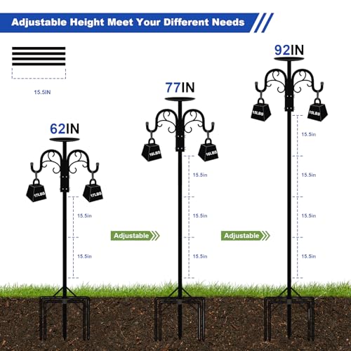 92" Double Shepherds Hook Heavy Duty, Metal Garden Plant Stand | 5-Prong ground base double shepherd hook with top platform bracket 0.75" rustproof tall pole for hanging plants & bird feeder