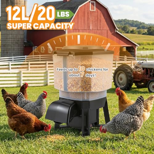 12L Automatic Chicken Feeder with Timer, Solar & AC Powered | Build in 6 Programmable Feeding Times, with Adjustable Feeding Distance for Chickens Poultry Sealed & Proof Design