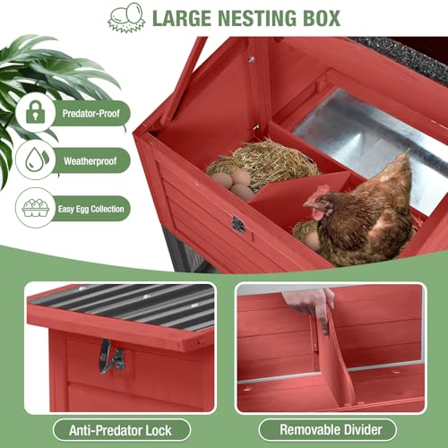 Mobile Chicken Coop with Wheels for 4-6 Chickens, Large Outdoor Hen House with Run, Weatherproof Roof, Sectionable Nesting Box, Pull-Out Tray, 83.3" L x 26" W x 42" H - Red - size: 83.3"L x 26.0"W x 42.0"H