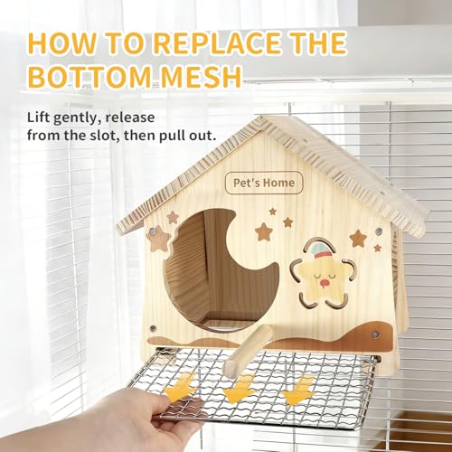 Wooden Bird House with Removable Wood Tray & Stainless Steel Mesh Bottom, DIY Paintable Birdhouse for Lovebirds Budgies Cockatiels Conures, Cozy Bird Nest Indoor Outdoor Use (Wood Tray + Steel Mesh)