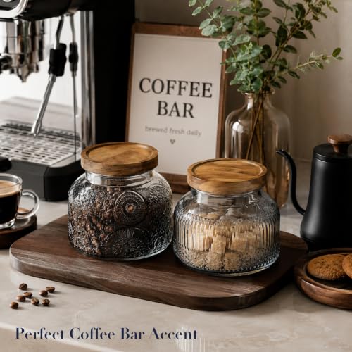 Decorative Grey Glass Jars with Airtight Wooden Lids 2 pack, 25.4 fl. oz | Wide mouth vintage storage canister, kitchen pantry bathroom organization, coffee sugar tea cookie candy candle vase gift - size: 25.4 Ounces, style: Grey 2pc