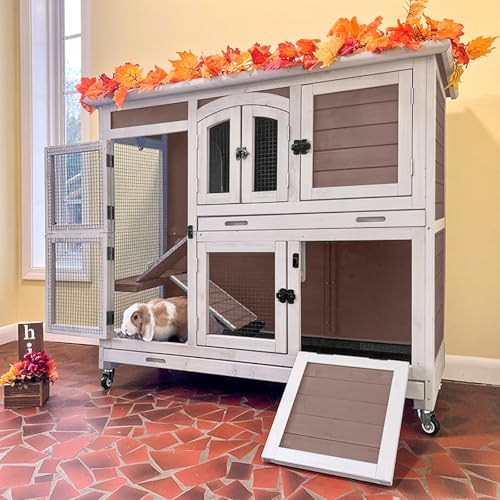 Rabbit Hutch Indoor Bunny House Guinea Pig Cage with Sliding Plastic Trays, Wheels & Ramp, 47.2" Multi-Door Wooden Small Animal Cage for Rabbits, Bunnies, and Guinea Pigs (Brown) - color: Brown