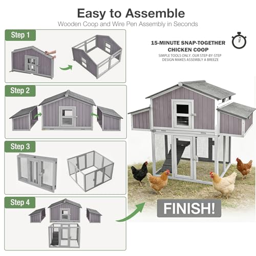 Large Chicken Coop for 6-8 Chickens, Double Folding Wooden Chicken House with 2 Nesting Boxes, Reinforced Iron Frame, Pull-Out Tray & Waterproof Roof, Outdoor Poultry Cage - color: Grey (AIR66)
